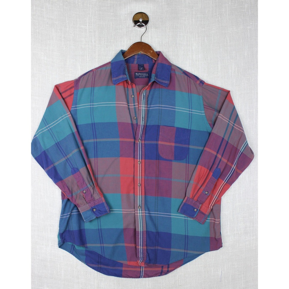 Vintage Burberrys Mens XL Plaid Button Down Shirt Cotton Made in USA Multicolor